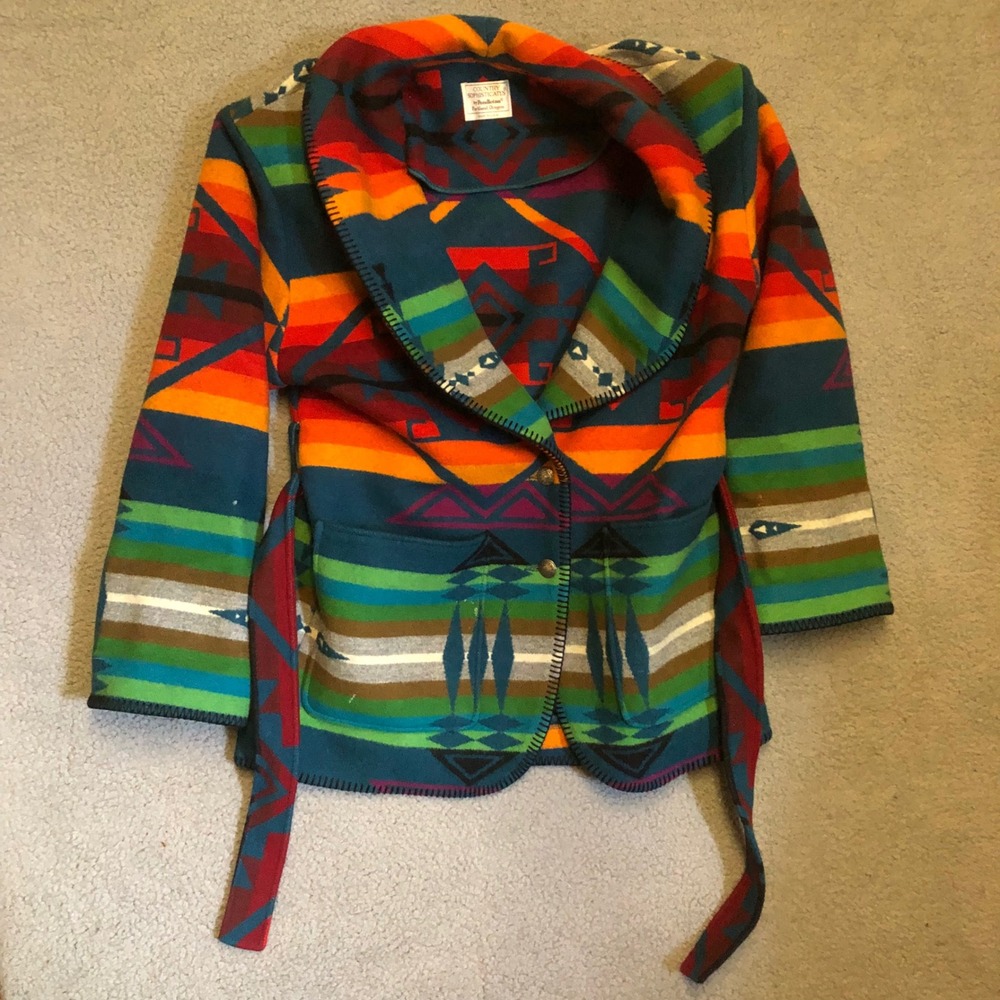 Vtg 90s Pendleton Southwestern Wool Blanket Jacket Belted Aztec Coat Mens